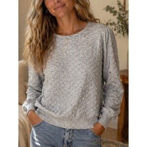 LOFT Womens Sweater Grey Medium Bobble Knit Puff Sleeve Crew Neck Pullover
